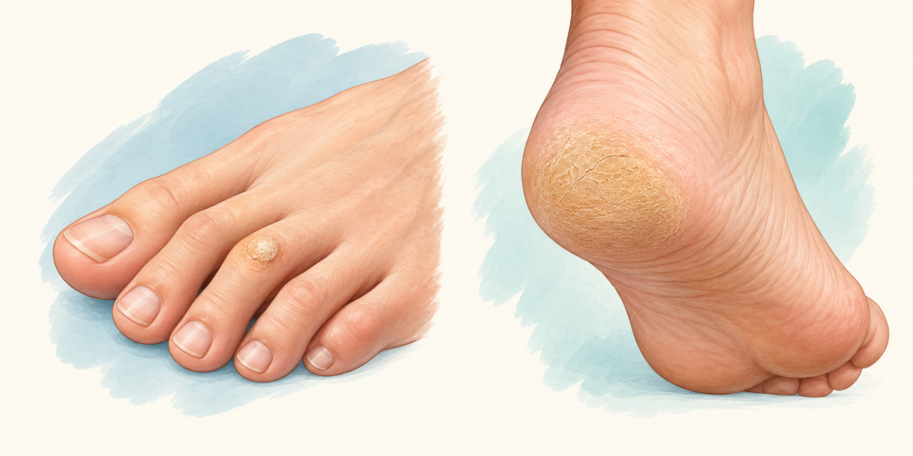 Illustration of a small localized area of thickened skin on a toe beside a broader patch on a heel.